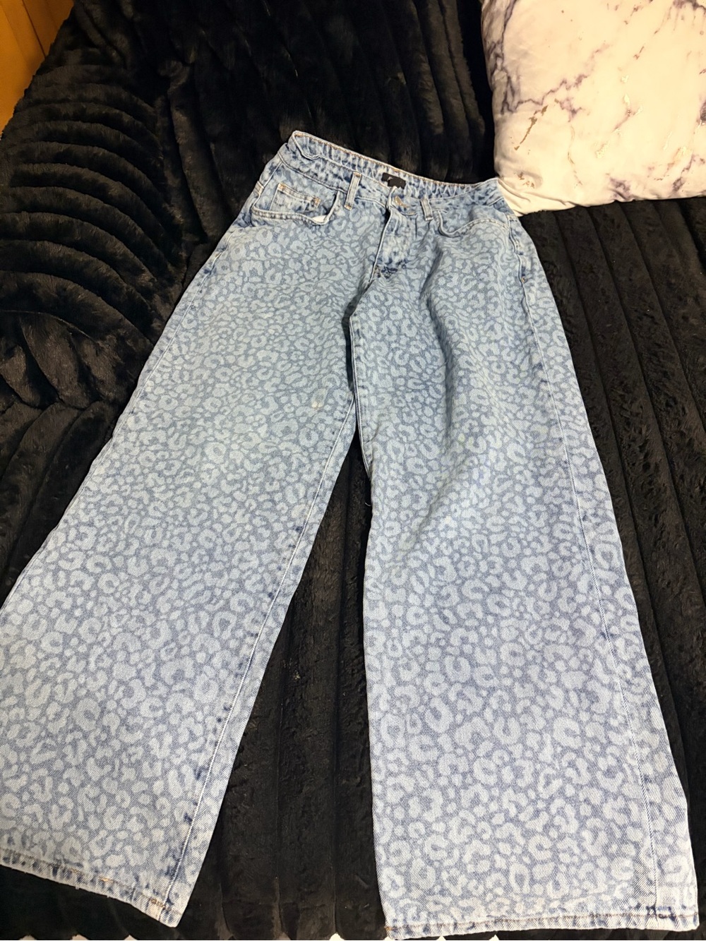 Nasty Gal Light Blue Leopard Wide-Leg Jeans